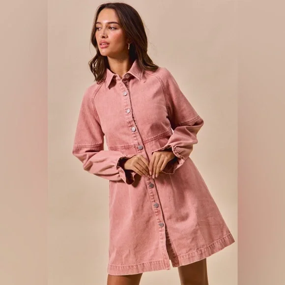 Pink mineral washed western boho denim ruffles sleeve button midi dress - Picture 5 of 6